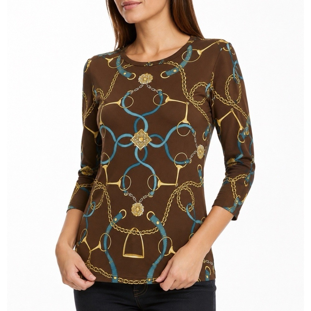 J McLaughlin Top Women's M Catalina Cloth Equestrian Bit & Chain Print Old Money